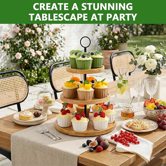 3 Tier Cupcake Stand, Cake Stand Tower, Dessert Table Display Set for Party | PUPOMIO Bamboo Dessert Stands, Wooden 3 Tier Serving Tray, Desert Table Display Set For Wedding/ Birthday/ Afternoon Tea