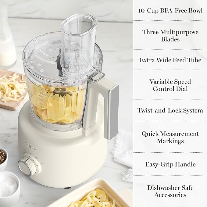 Martha Stewart Food Processor, 10-Cup Electric Chopper for Slicing, Shredding, Mincing and Puree, BPA-Free Twist & Lock Bowl, 3 Multipurpose Blades, Variable Speed Dial, Wide Feed Chute, Linen Cream