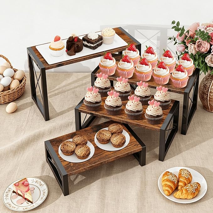 ELITEROO Wood Risers Display Stands Set of 4, Wooden 4 Tier Cupcake Stand, Tiered Riser for Vendors, Decorative Display Risers for Food Desserts Buffet Table at Party Wedding, Rustic Brown
