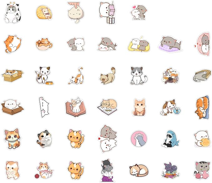 100Pcs Cute Cat Stickers Kawaii for Water Bottle and Laptop - Cute Cat Party Supplies & Decorations, Waterproof Vinyl Decals, Kawaii and Animal Stickers, Gifts for Women & Men