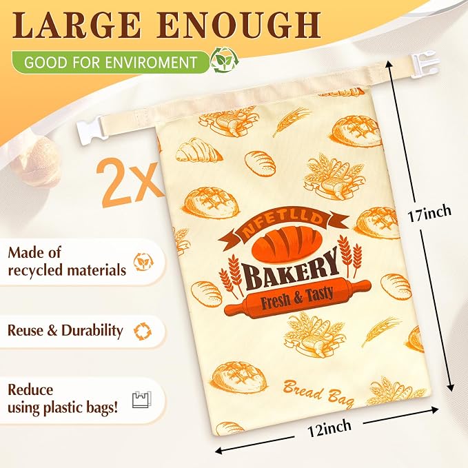 2 Packs Reusable Bread Bags for Homemade Bread, NFETLLD Homemade Sourdough Bags Storage Container Keep Loaf Fresh with Zipper & Clip Freezer Safe Extra Large 17x12 Inch