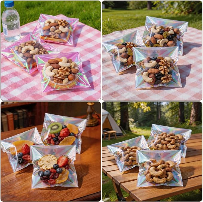200Pcs Iridescent Cookie Bags Self Sealing Cellophane Treat Bags | Clear Resealable Adhesive Plastic Bags for Cookies, Candy, Party Favors, Gift Packaging (4x4 Inches)