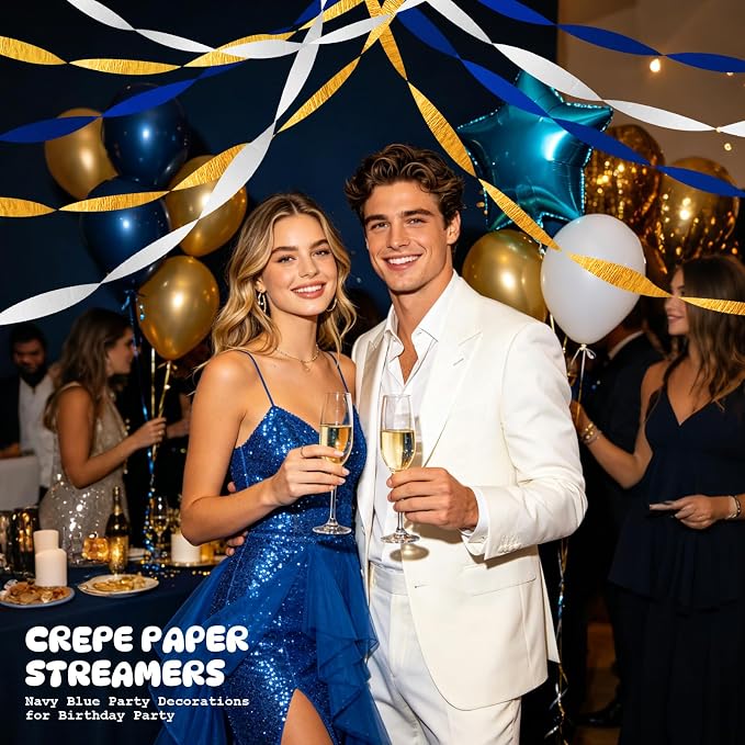 AOYOO Crepe Paper Streamers, 6 Rolls Dark Blue White and Gold Party Streamers, Premium Navy Blue and Gold Party Decorations for Graduation, Boy Baby Shower, Birthday and Retirement Supplies