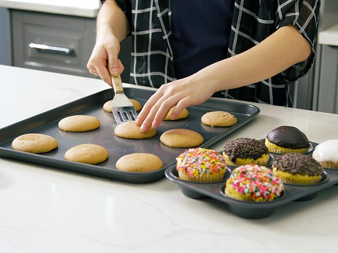 Elbee Home 8-Piece Nonstick Aluminized Steel, Space Saving Baking Set, With Deep Roasting Pan, Cookie Sheet, Cake Pans, Muffin Pans and Baking Pan PFOA & PFOS Free, Holiday Gift for Her