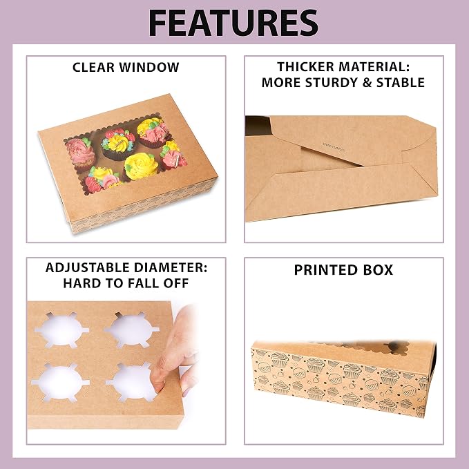 20-Pack Brown Cupcake Boxes with Insert Trays, Tags and Twine | Food Grade Kraft Bakery Boxes with Window to Fit 6 Cupcakes