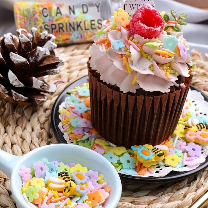 Easter Sprinkles Edible, Pastel Flower Sprinkles for Cake Decorating, Edible Flower and Bee Sugar Mix, Perfect for Cake Decorations, Baking, Ice Cream, Cookies, Cupcake Topping