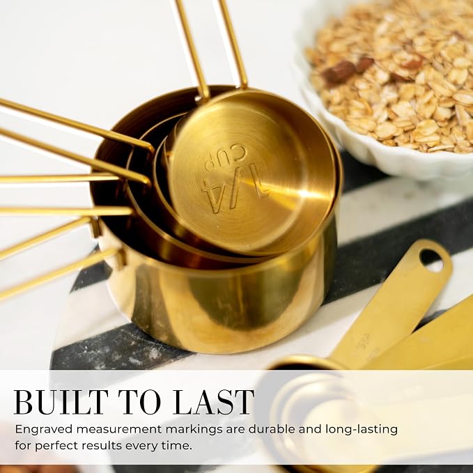 STYLED SETTINGS Gold Measuring Cups and Spoons Set – Stackable 8-Piece Brass Measuring Cups and Spoons – Stylish and Sturdy Gold Kitchen Accessories for Baking and Cooking