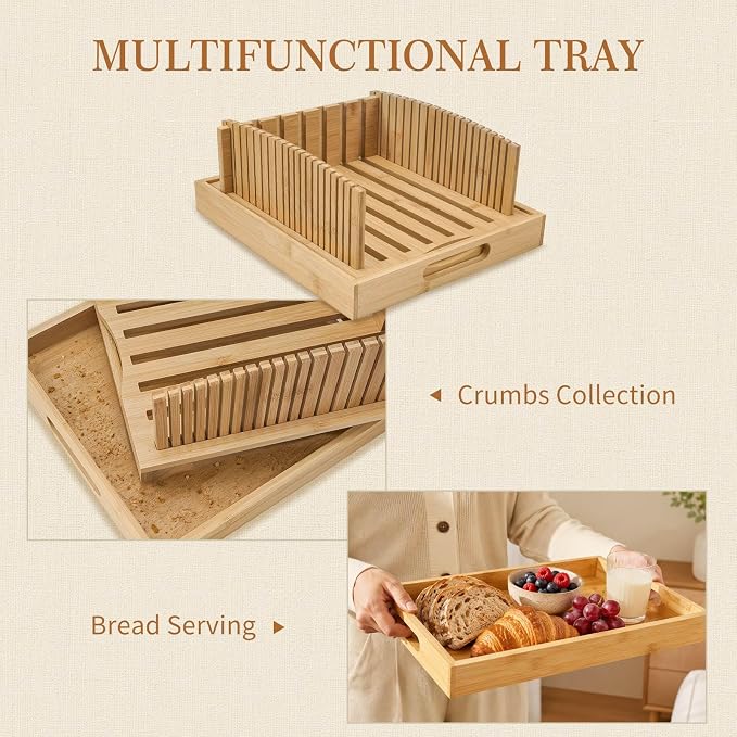 Bread Slicing Guide, Bamboo Bread Slicing Guides with Adjustable Width, Crumb Catcher & Serve Tray for Homemade Bread Cut