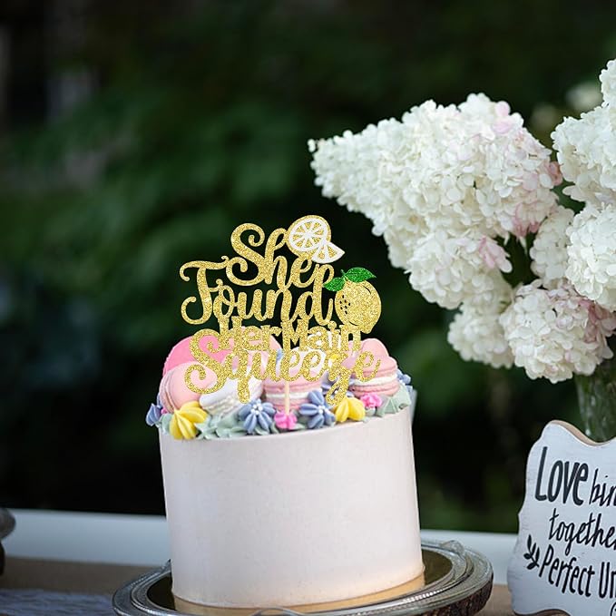 Rsstarxi 1 Pack She Found Her Main Squeeze Cake Topper Gold Glitter Bridal Shower Cake Pick for Lemon Theme Wedding Engagement Bachelorette Party Cake Decorations Supplies