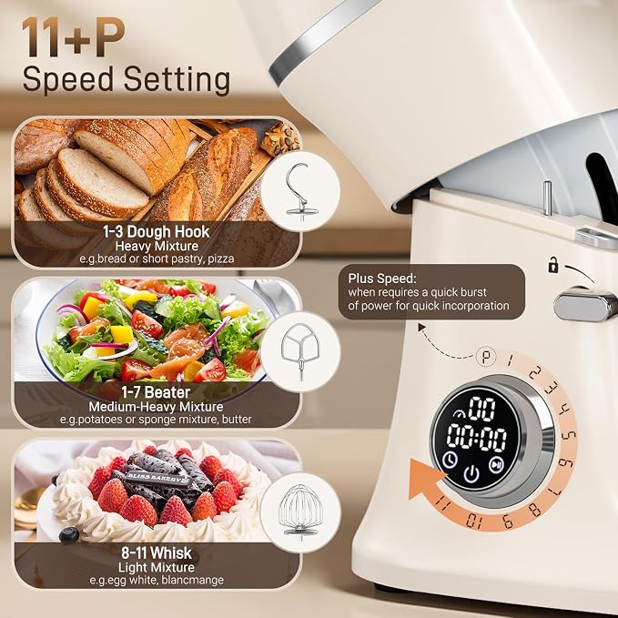 ZACME 7 Quart Stand Mixer Aluminum Die Casting, 650W 12 Speed Tilt-Head Kitchen Electric Stand Mixer, Household Food Mixer with Stainless Steel Bowl, Dough Hook, Whisk and Beater-Cream