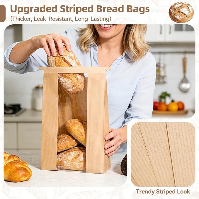 Funcoo 50 Paper Bread Bags for Homemade Bread, Sourdough Bread Bags Bakery Bags with Window/Tin Tie Tab Lock, Large Bread Loaf Bags for Baked Goods Packaging, Label Seal sticker included (50)