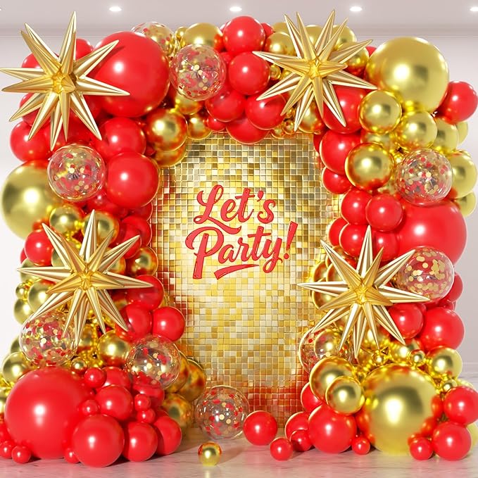 153Pcs Red and Gold Balloons Garland Arch Kit with Stars - 22 18 12 10 5 inch Different Size Red Metallic Gold Confetti Latex Balloon for Birthday Valentine's Day Wedding Party Decorations