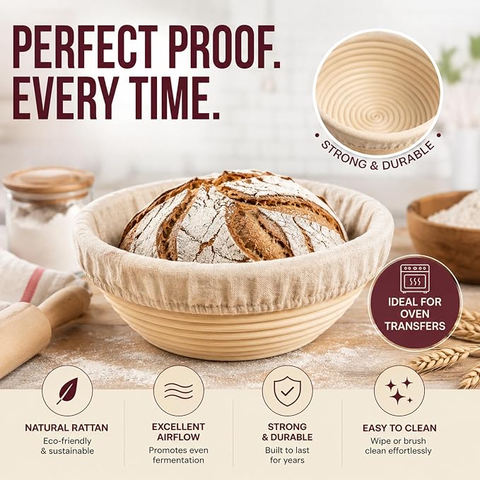Sourdough Starter Kit, 62-Piece – 9" Round & 10" Oval Banneton Proofing Baskets, Linen Liners, Bread Lame, Dough Whisk, Scrapers, Starter Jar, Cooling Rack and Bread Bags