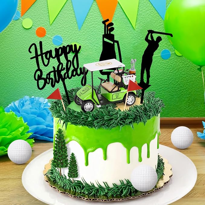 Hooqict 21 Pieces Golf Cake Decorations with Mini Cart, Balls, Clubs, Red Flags, Green Cake Toppers & Cupcake Toppers for Men Sports Golf Themed Birthday Party Decorations Supplies