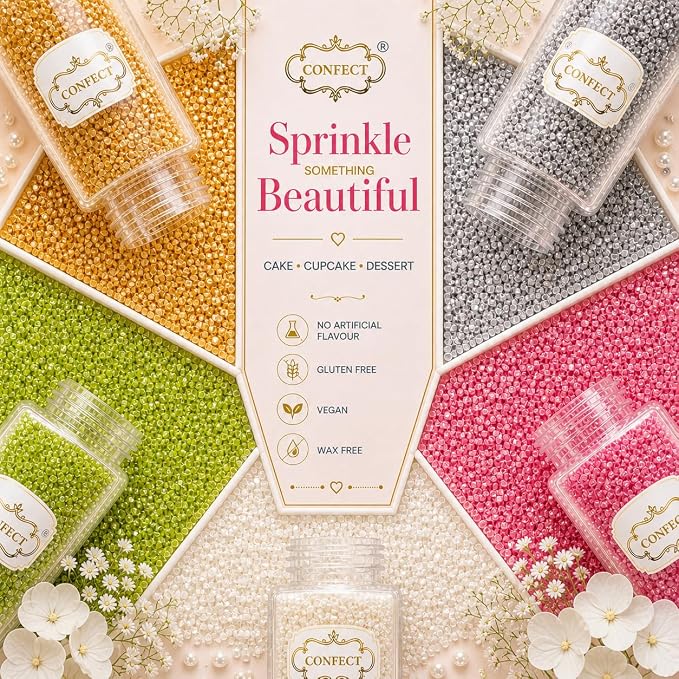 Confect Sprinkle Mix – 5-Pack Assorted Edible Sugar Tropical Summer Sparkling Sugar Crystals in Gold, Bright Pink, Silver, Parrot Green & White – Decorative Toppings for Cakes, Cupcakes & Cookies –Vegan, Gluten-Free, Nut-Free, Soy-Free, Dairy-Free, Pal...