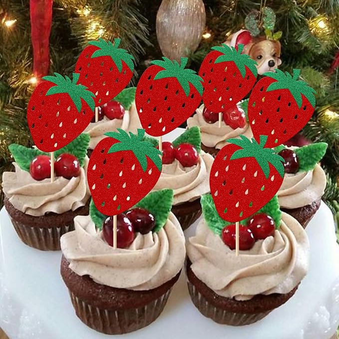 24 Pack Strawberry Cupcake Toppers Glitter Birthday Strawberry Cupcake Picks for Fruit Baby Shower Kids Birthday Summer Berry Cupcake Decorations Party Supplies Red