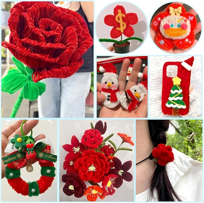 AHAMETON 620Pcs Pulm Red Pipe Cleaner Flower Kit, 6 Colors Bulk Pipe Cleaners Craft Supplies with Wires, Stamens, Ribbon, Tape, Card, DIY Flower Making for Gifts Home Decoration, Party & School Crafts