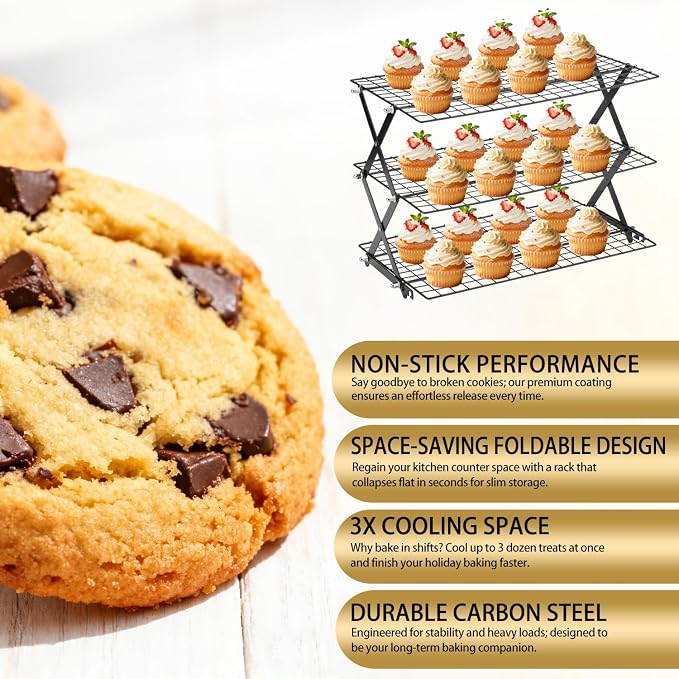 3-Tier Stackable Cooling Rack for Baking, Collapsible Wire Cookie Rack with Adjustable Heights, Non-Stick Roasting & Drying Rack for Cupcakes, Pies and Pastries, Space-Saving Kitchen Essential