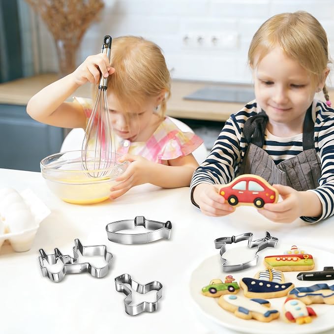 Airplane Cookie Cutter Set - 12Pcs Mini Cookie Cutters Variety Pack with Dough Scraper, Cars, Rocket and Boats Stainless Steel Cookie Mold for Biscuits, Fondant