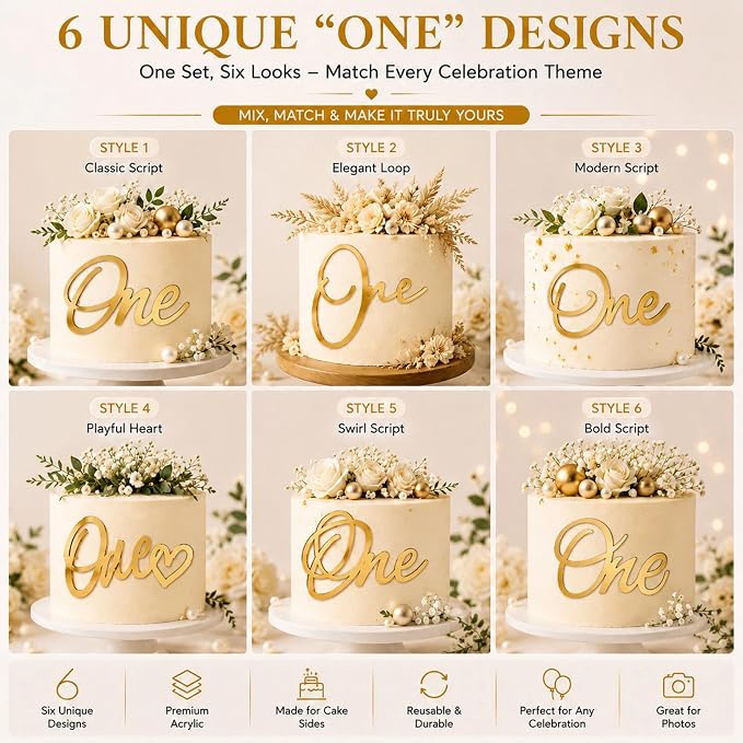 6Pcs One Cake Topper,1st Birthday Cupcake Topper,Gold Acrylic Cake Topper Cupcake Toppers,Number 1 Cake Decor Suitable for Girl Boy 1st Birthday Party