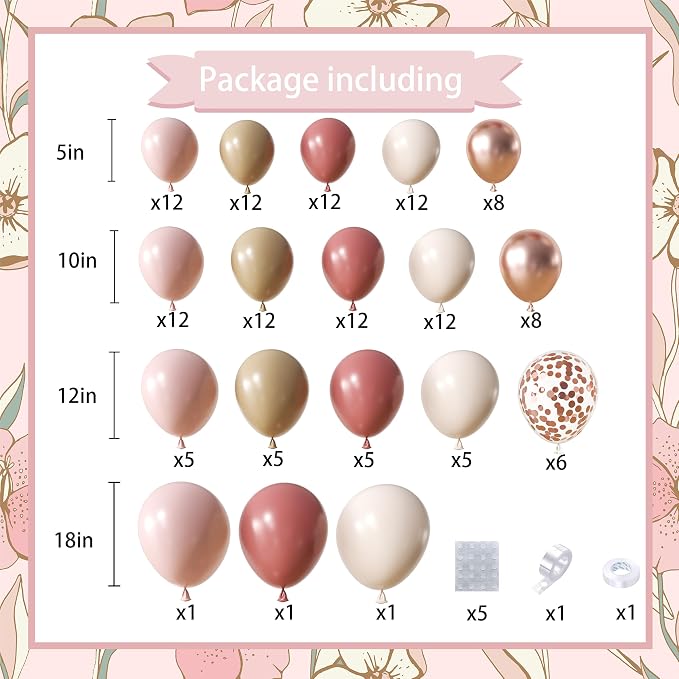 Blush Pink Nude Balloon Arch Kit, 148Pcs Dusty Pink Pastel Pink Brown White Sand Rose Gold Confetti Balloons for Baby Bridal Shower Wedding Engagement Birthday Party Decorations
