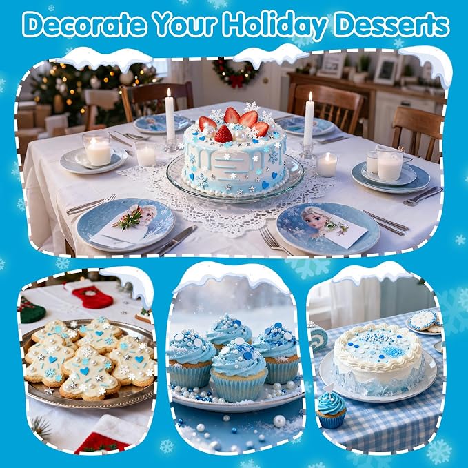 Edible Snowflake Sprinkles,Frozen Sprinkle for Cake,Blue Heart White Snowflake Silver Star Pearl Jimmies Mix,130g/4.58oz,Winter Snow Sugar Pearls Sprinkles for Decorations Baking,Cake Ice Cream Cookies Cupcake Topper Chocolate,Birthday Children Party D...
