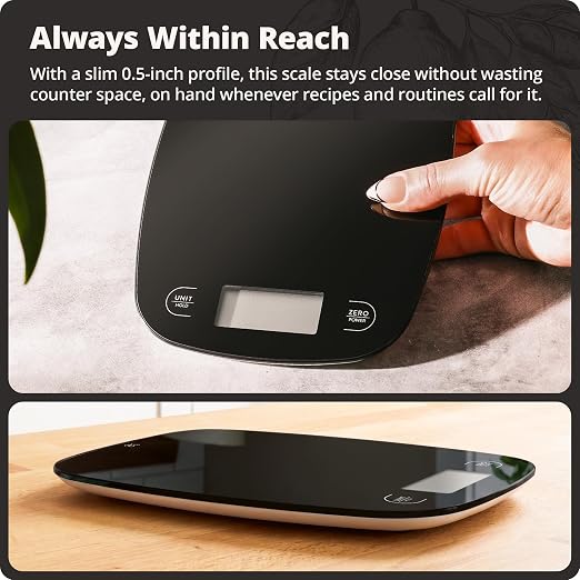 Greater Goods Food Scale – Digital Kitchen Scale, 1g Precision, Easy-Tare & Quick Conversion, Slim Compact Design, Durable & Portable | Ideal for Cooking, Baking & Meal Prep (Glass, Black)