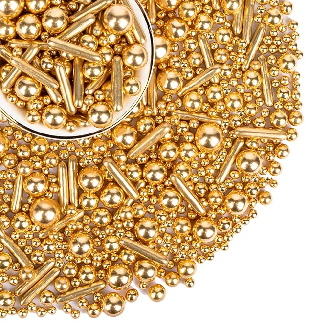 Gold Pearl Sprinkles,Edible Rods Pearl Sugar Candy Mix Size,130g/4.58oz,Baking Edible Cake Decorations,Cupcake Toppers,Cookie Decorating Donuts Ice Cream,Food Grade,Holiday Wedding Birthday Party Supplies