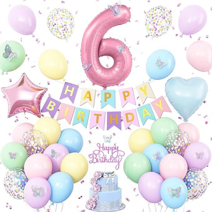 Pastel 6th Birthday Decorations for Girl,Macaron Rainbow 6th Party Decoration Pink Blue Purple Green Yellow Colorful Balloons Banner Star Heart Number 6 Foil Balloon Cake Topper Butterfly Stickers