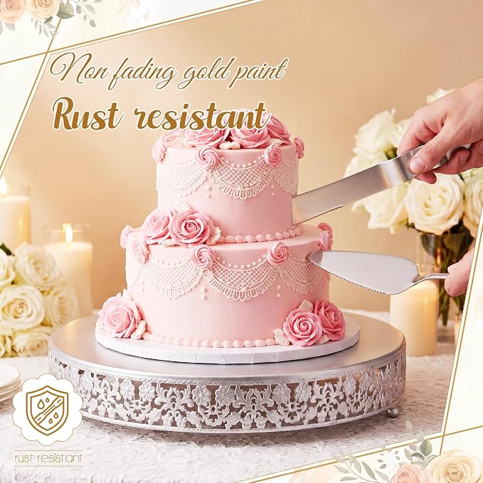 Wenqik 16 Inch Silver Cake Stand Set Metal Round Cupcake Dessert Stand with Cake Cutting, Flower Spatula Wedding Cupcake Pastry Display Candy Holder Display for Wedding Party Birthday Baby Shower