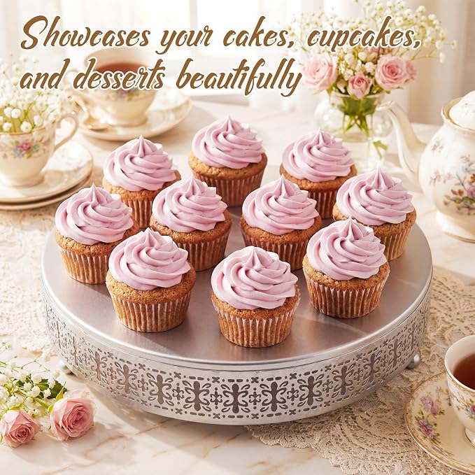 Wenqik Silver Cake Stand 14 Inch Metal Round Cupcake Dessert Wedding Cake Stand with Cutting & Spatula Cookies Display Holder Fruit Serving Tray for Table Wedding Birthday Anniversary Party
