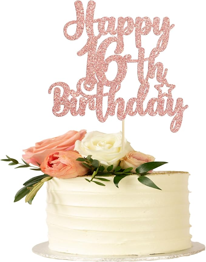 Gyufise 1Pc Happy 16th Birthday Cake Topper Rose Gold Glitter 16 & Fabulous Sweet 16 Birthday Cake Pick for Celebrating 16th Birthday Anniversary Party Cake Decorations Supplies