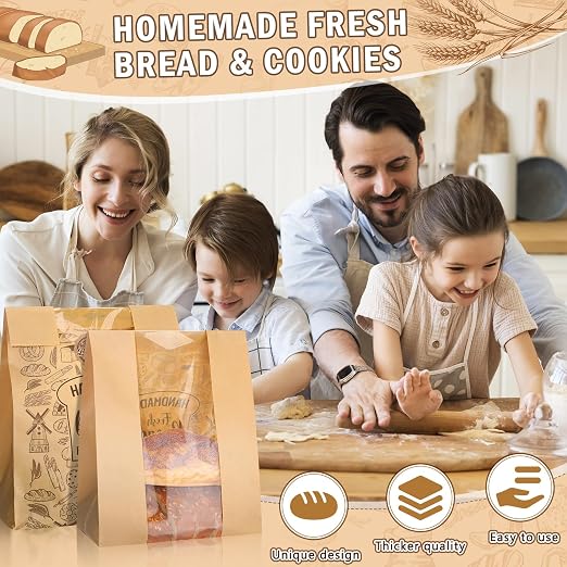 Spakon 120 Pcs Large Bread Bags for Homemade Bread with Window 14 x 8.3 x 3.5 Inch Kraft Paper Sourdough Bakery Bags 120 Baked with Love Stickers for Storage Cookies and Snacks Baked Food Packaging