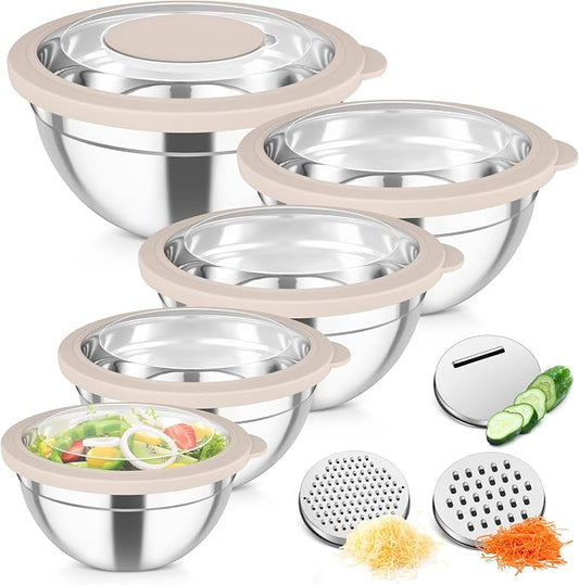 TeamFar Mixing Bowls, Stainless Steel Salad Serving Bowl with Clear Lids & 3 Graters, For Kitchen Cooking Prepping Storing, Size 4.6/2.6/1.5/1/0.7 QT, Nesting & Airtight, Set of 5 & Khaki
