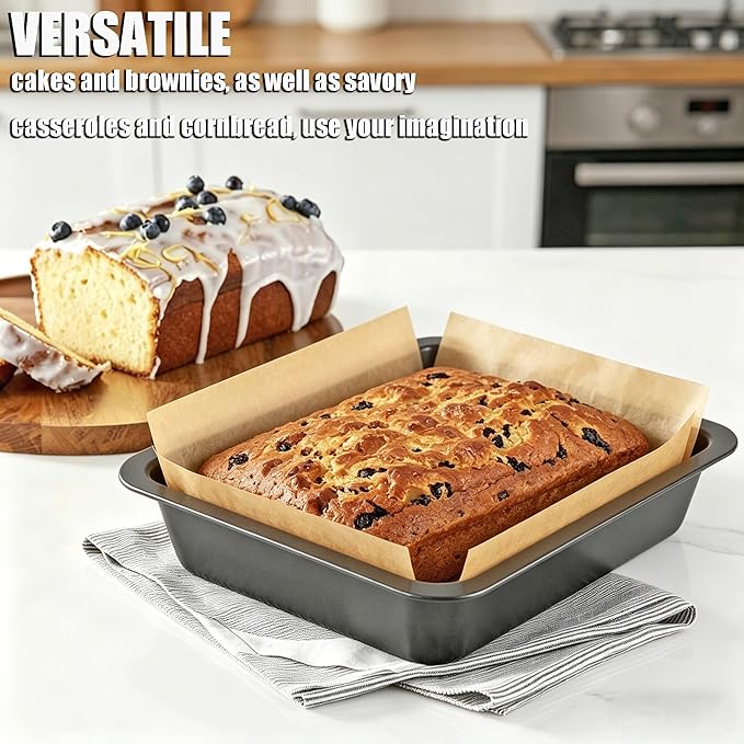 2 PCS Square Nonstick Loaf Pan Set, 8 x 8 Inch Carbon Steel Rectangle Bakeware with 100 Parchment Liners for Baking Toast, Cakes, Banana Breads, Gray