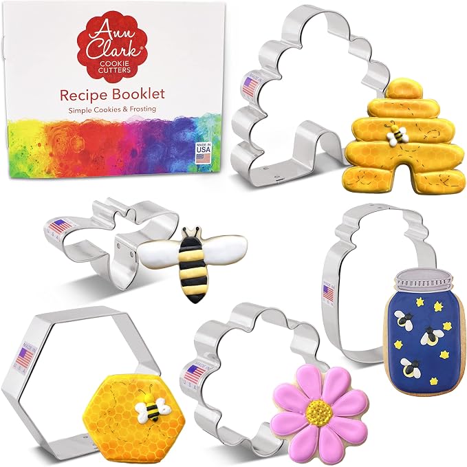Ann Clark Bee Cookie Cutters 5-Pc. Set (Bee, Beehive, Small Flower, Honeycomb, Honey Jar) Made in the USA