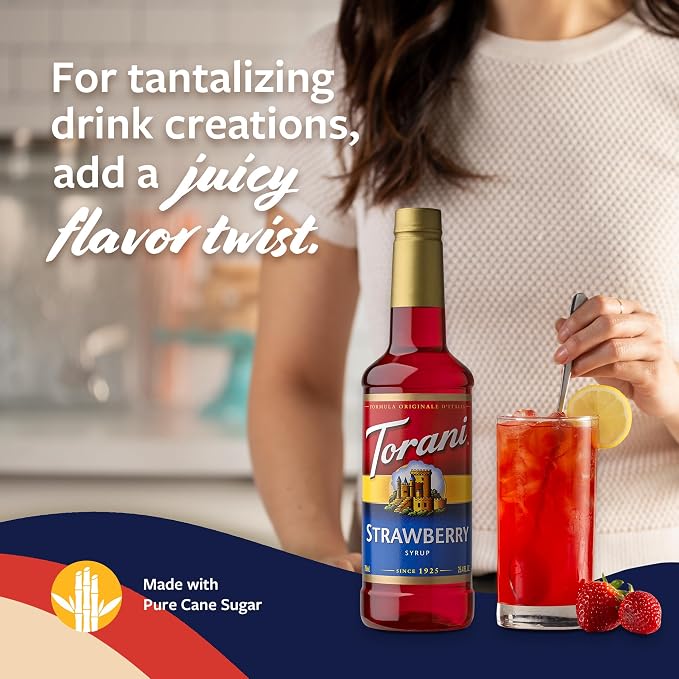 Torani Strawberry Syrup for Drinks, Flavoring for Iced Tea, Lemonade, and Sodas, Pump Included, 25.4 Oz