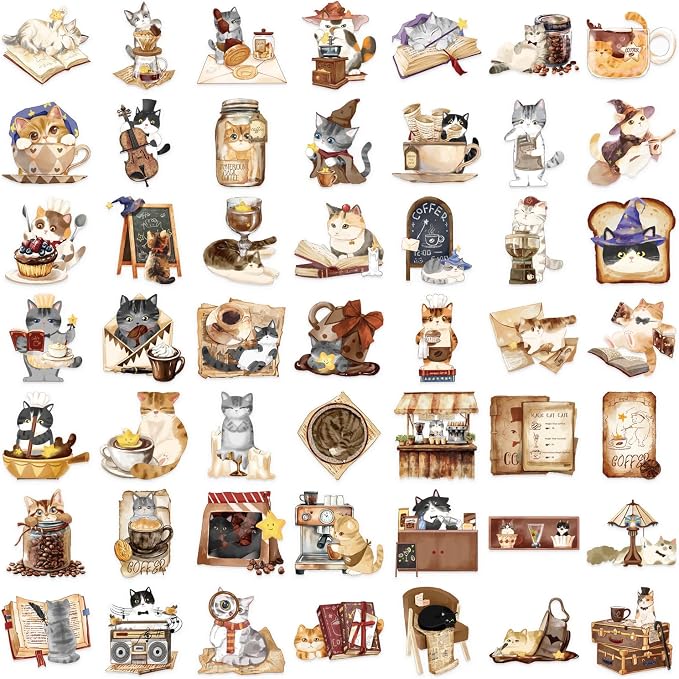 50pcs Cats Coffee Flower Stickers Cute Kitchen Baking Stickers Transparent Recipe Waterproof Stickers Pack for DIY Scrapbook Water Bottles,Laptop,Funny Bakery Themed Party Decorations