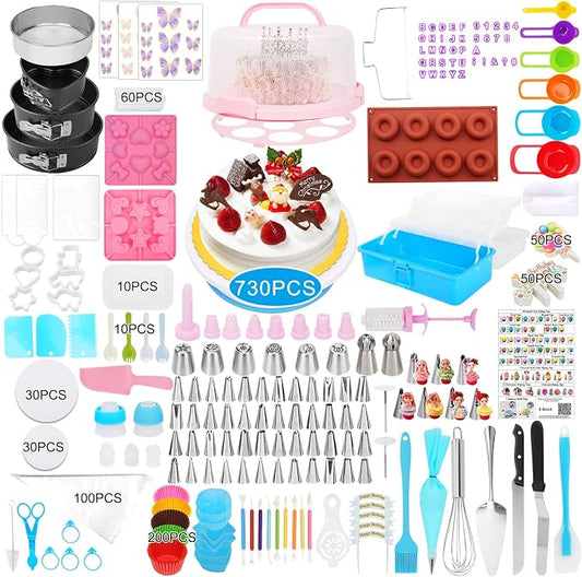 Cake Decorating Kit, 730 Pcs Cake Pop Kit Cake Decorating Supplies with Cake Carrier Holder Springform Pan Sets Toolbox Organizer Turntable Piping Bags Tips Chocolate Molds for Beginner Professional