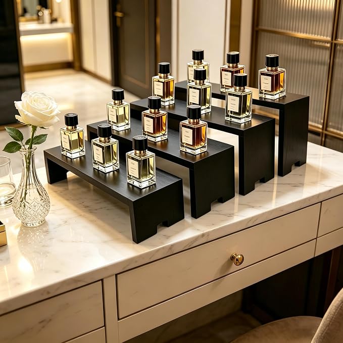 Yikaroeli 2 Set Large Black Display Riser Perfume Display Stand Cologne Shelf Wood Risers for Display,11"-8.6" Graduated Sizes,4Tiered 8Pcs Display Stands for Vendors Event