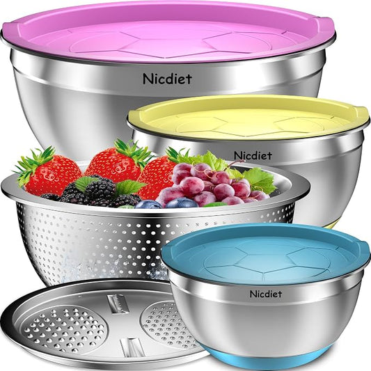 Nicdiet Mixing Bowls with Airtight Lids, Stainless Steel Mixing Bowl Set with 3 Metal Nesting Bowls, Colander & Grater, Non-Slip Bottoms, Size 1.5, 2.5, 5 QT, Great for Mixing & Serving, Mutilcolor