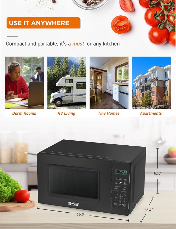 Commercial Chef 0.7 Cu. Ft. Countertop Microwave Oven, Touch Controls with Digital LED Display, 700W Small Microwave with 10” Turntable Plate, Push Button Door, 10 Power Levels, CHM7MB, Black