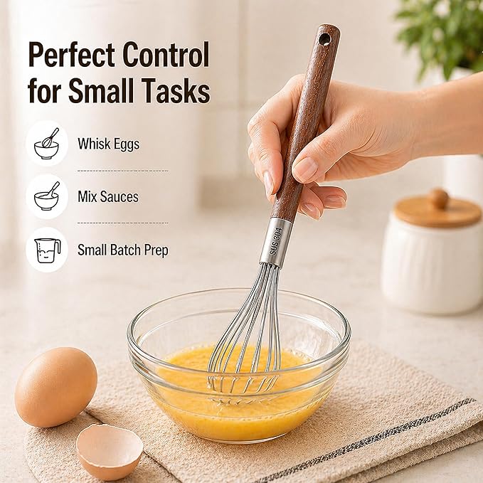Mini Whisk 10 Inch, 304 Stainless Steel Small Wire Whisk with Walnut Wood Handle, Hand Egg Beater for Cooking, Baking, Mixing Eggs, Coffee, Sauces, Dressing and Gravy, 1 Count