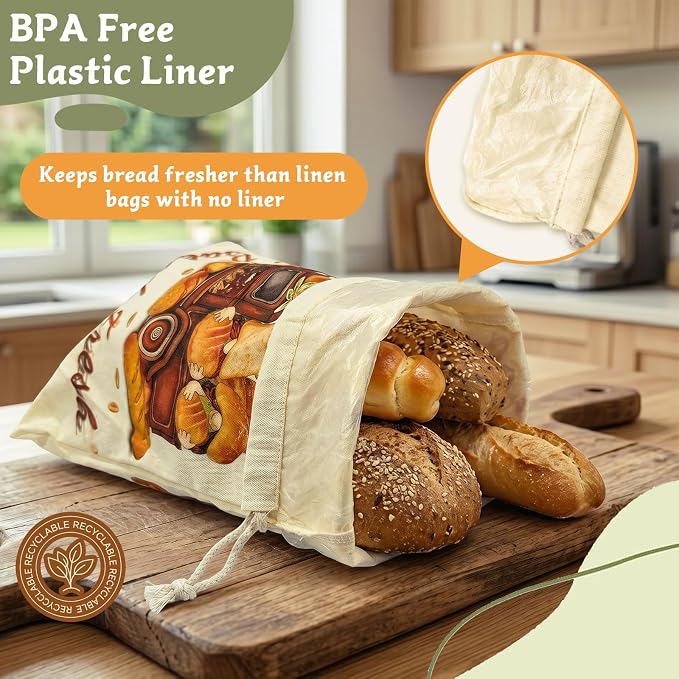 4 Pack Reusable Bread Bags for Homemade Bread，natural Beeswax & Linen Cotton，large Capacity and Portable,Bread Keeper for Sourdough，food/Bread Storage,With Free Baguette Bag and Baking Paper