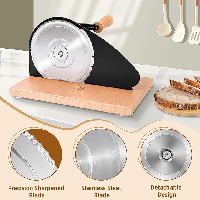 CAWIU Upgraded Manual Bread Slicer for Homemade Sourdough Bread - Adjustable Thickness Bread Cutter with Hand Crank, Suction Cups, Slicing Guide, Scale Line & Cover, for Perfect Even Slices (Black)