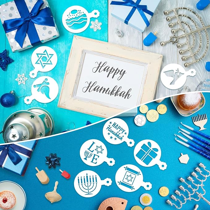 JULBEAR 36 Pcs Reusable Hanukkah Cake Cookie Stencils Dreidel Menorah for Cookies Coffee DIY Hanukkah Holiday Baking Painting Dessert Craft Decoration