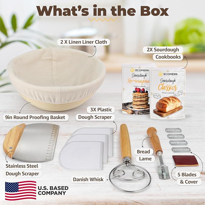 Banneton Bread Proofing Basket, 9inch Round Sourdough Starter Kit, Sourdough Bread Baking Supplies and Baking Accessories, Banneton Basket Gift Set