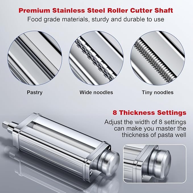 Pasta Maker Attachments Set for all KitchenAid Stand Mixer, including Pasta Sheet Roller, Spaghetti Cutter, Fettuccine Cutter, KSMPRA 3-Piece Pasta Roller & Cutter Set