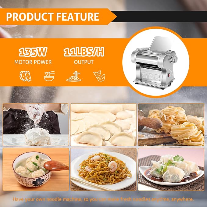 WICHEMI Electric Pasta Maker Machine Pasta Dough Spaghetti Roller Noodle Pressing Machine Stainless Steel 135W for Home Family Use (1.5mm flat noodle+4mm flat noodle)
