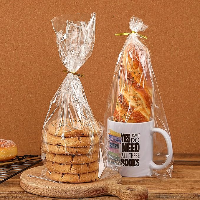 Cellophane Treat Bags, Augshy 300 Pcs 7x13 Inches Treat Cello Bags for lollipop with 320 Twist Ties,1.4 mils Thickness OPP Plastic Bags for Packaging Candies,Dessert,Bakery, Cookies, Chocolate